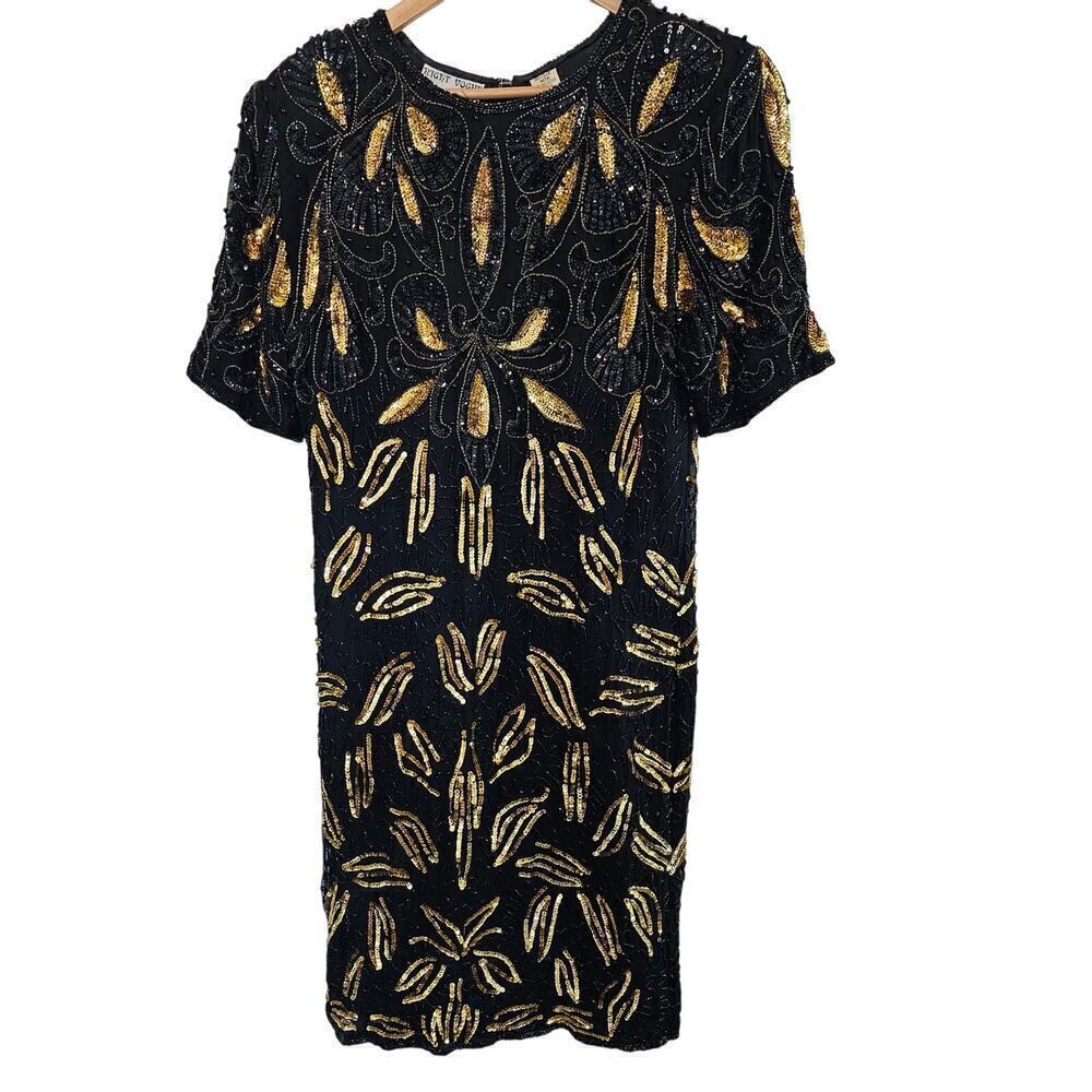 Vintage Night Vogue Silk Dress Women Medium Black Sequin 80s Beaded Whimsygoth